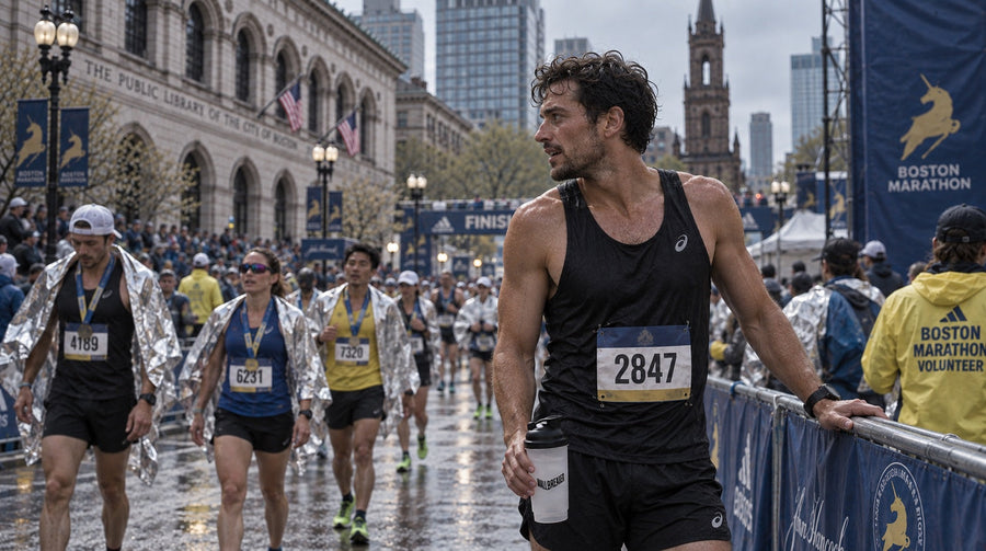 Illustrative Boston Marathon finish-area scene with a tired runner casually holding a Wallbreaker shaker in muted overcast light.