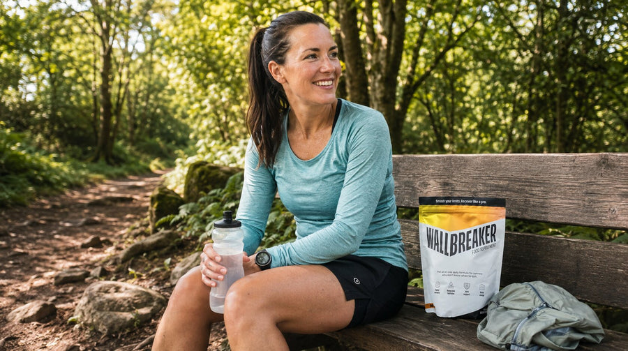 Female trail runner taking a hydration break beside a Wallbreaker pouch