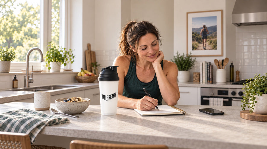 Runner planning her training week at breakfast with a branded Wallbreaker shaker on the kitchen counter