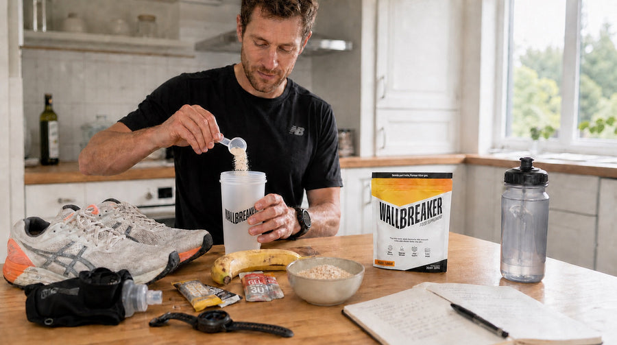 Marathon runner preparing Wallbreaker in an open shaker with long-run supplements on a kitchen table